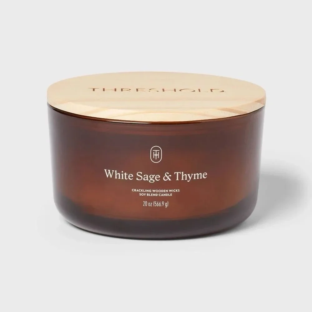 Threshold 3-Wick White Sage Thyme Candle 20oz Amber Glass Wooden Wick Used